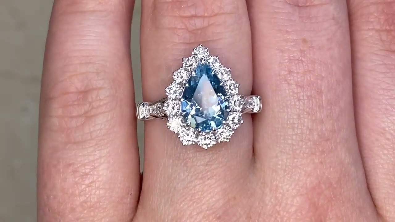 1.62ct Center Pear Shaped Aquamarine and Diamond Cluster Ring - Knox Ring - Hand Video