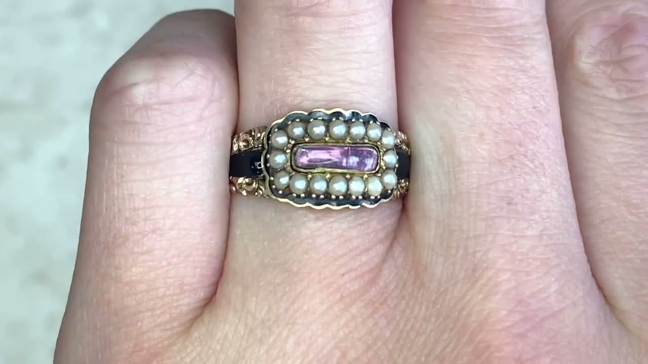 Antique Georgian Era Natural Pink Topaz & Pearl Halo Ring - Welwyn Ring. Circa 1840 - Hand Video