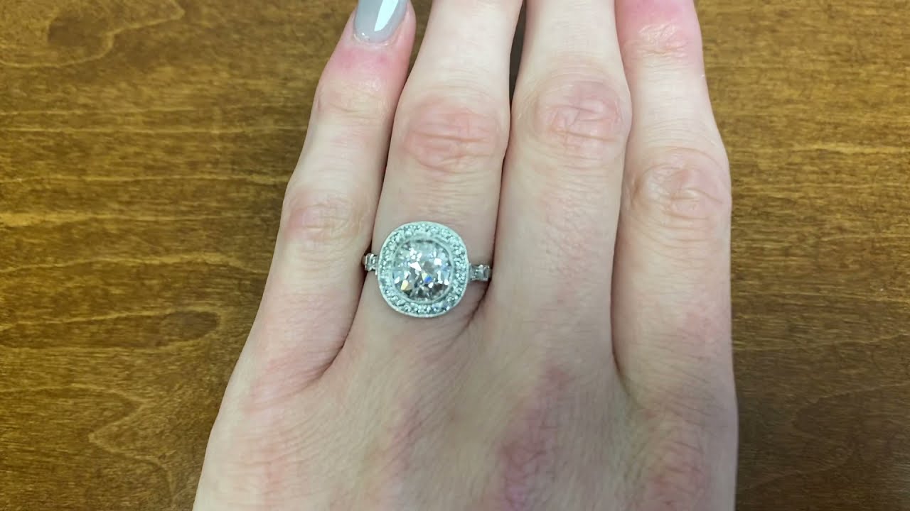 2.15ct Antique Cushion Cut Diamond Platinum Halo Engagement Ring - Ellenville Ring - Hand Video