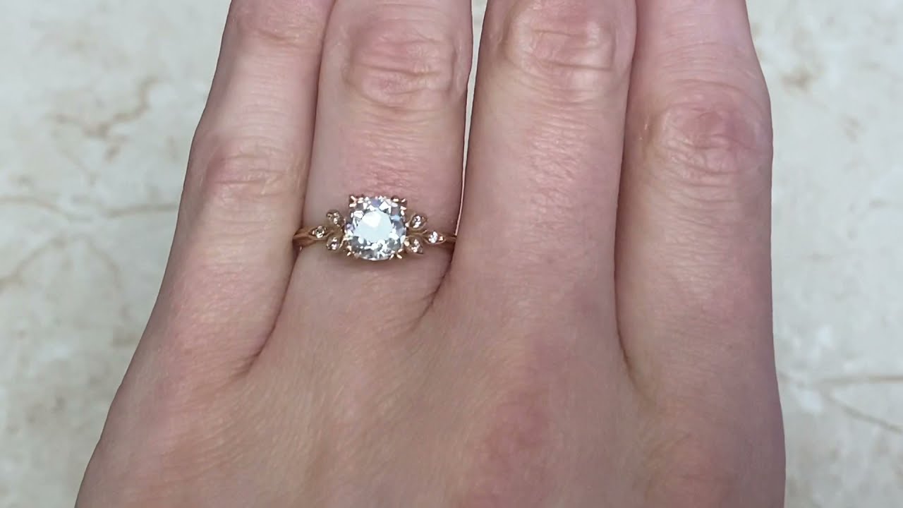 Old European Cut Diamond on 18k Rose Gold Leaf Motif Ring - Hyde Ring - Marble Hand Video