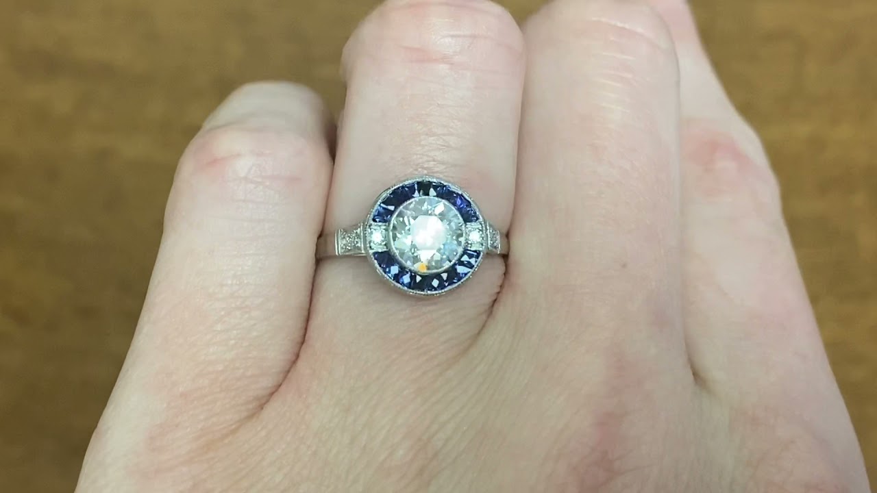 1.06ct Center Old European Cut Diamond and Sapphire Halo Engagement Ring - Milan Ring - Hand Video