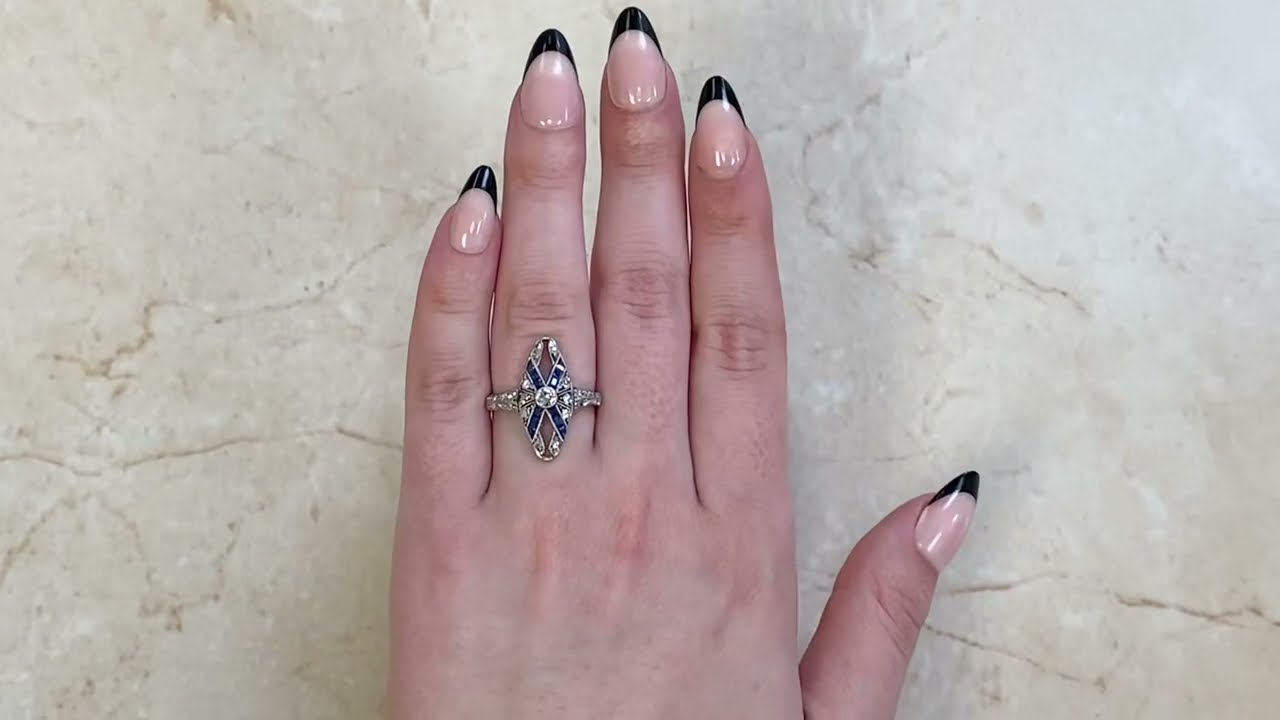 Edwardian Era 0.15ct Center & Sapphire Platinum on 18k Yellow Gold Ring - Paradis Ring - Hand Video