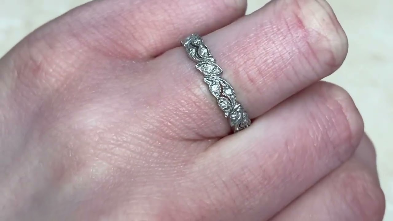 0.36ct Diamond and Milgrain Platinum Floral Motif Wedding Band - Floral Motif Band - Hand Video