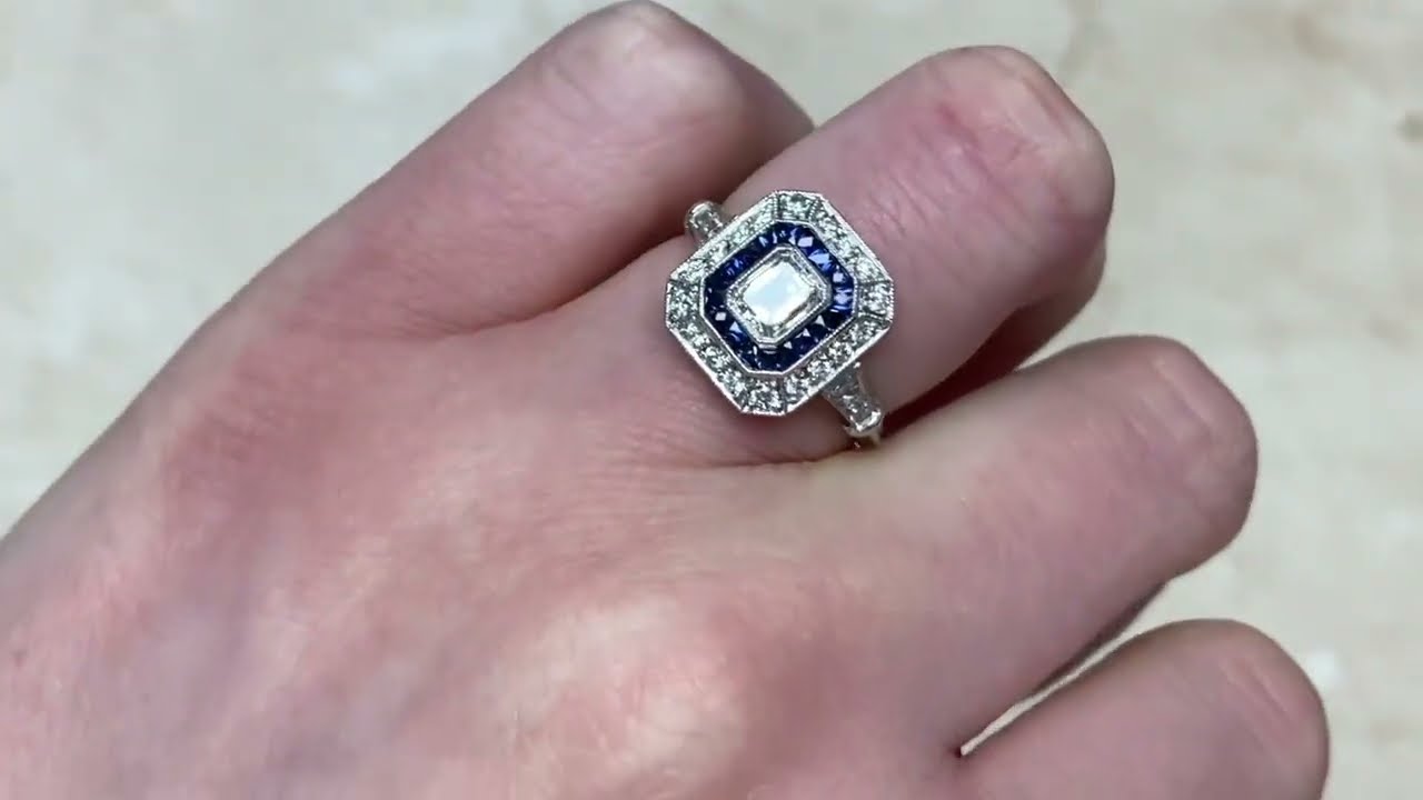 0.50ct Center Emerald Cut Diamond and Sapphire Halo Ring - Boylston Ring - Hand Video