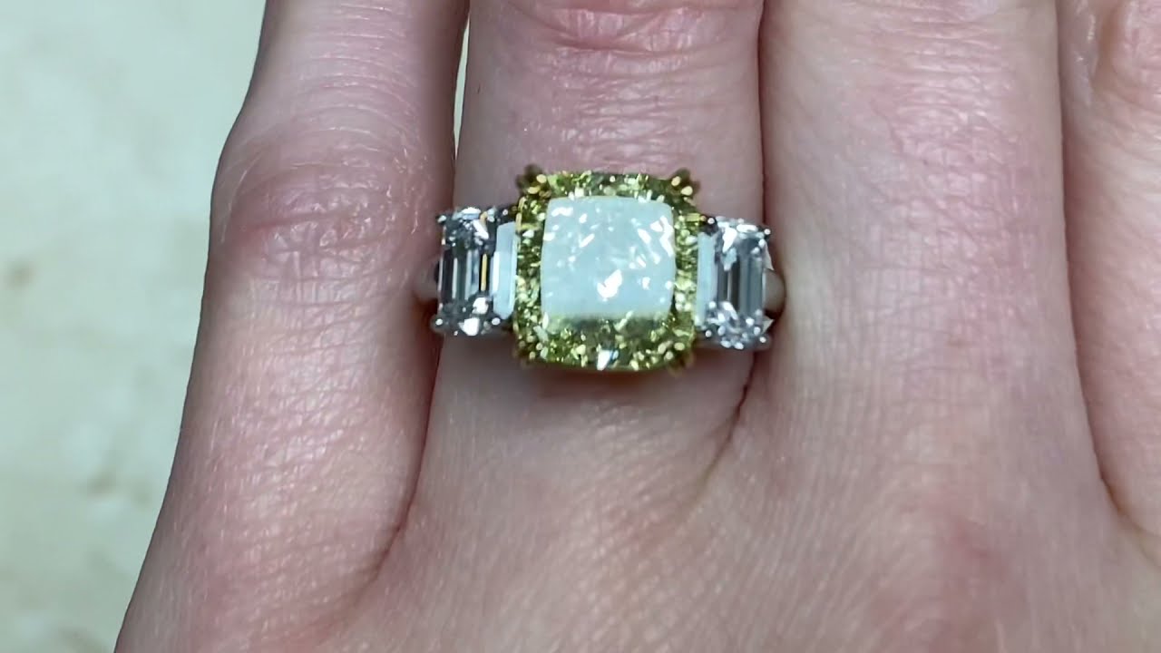 5.78ct Center Radiant Cut Fancy Yellow Diamond Three Stone Ring - Ottsville Ring - Hand Video