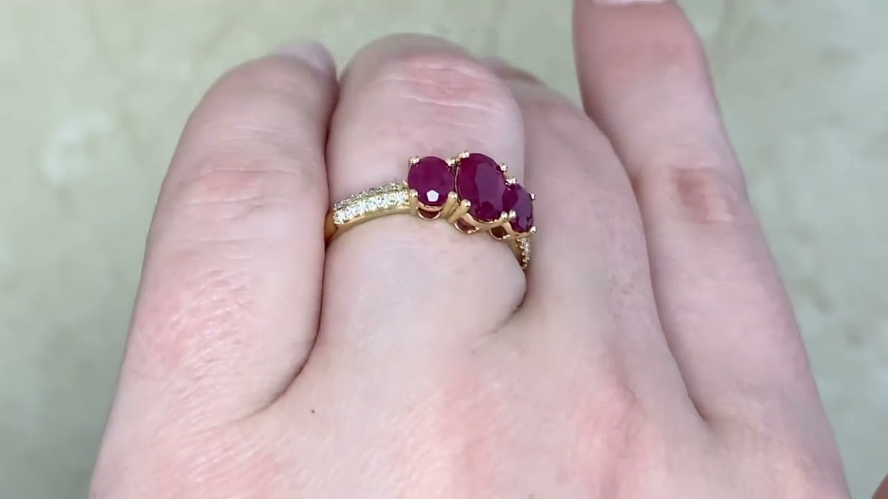 1.71ct Three-Stone Ruby on 18k Yellow Gold Adiela Ring - hand video