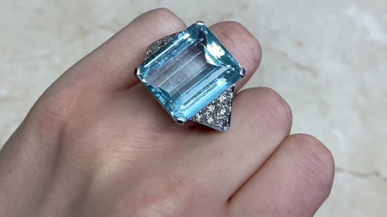 28CT Emerald-Cut Aquamarine Ring With Pave-Set Diamond Shoulders - Lexington Ring - Hand Video
