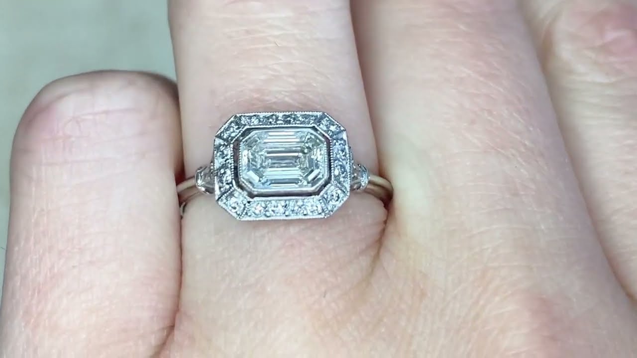 Emerald Cut East West Set Diamond & Halo Engagement Ring - Sutton Ring - Hand Video