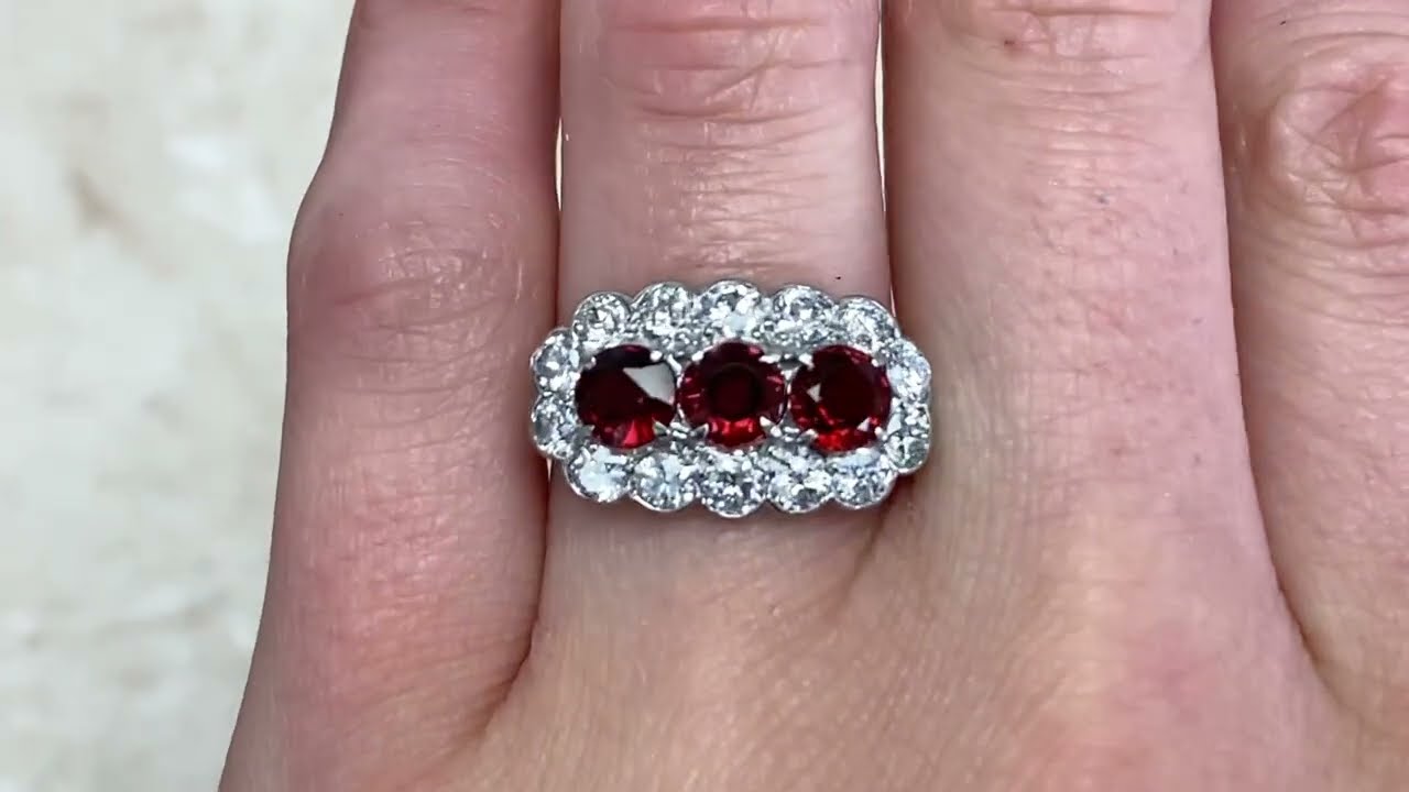 Antique Three Stone Natural Garnet & Old European Cut Diamond Halo Ring - Grenada Ring - Hand Video
