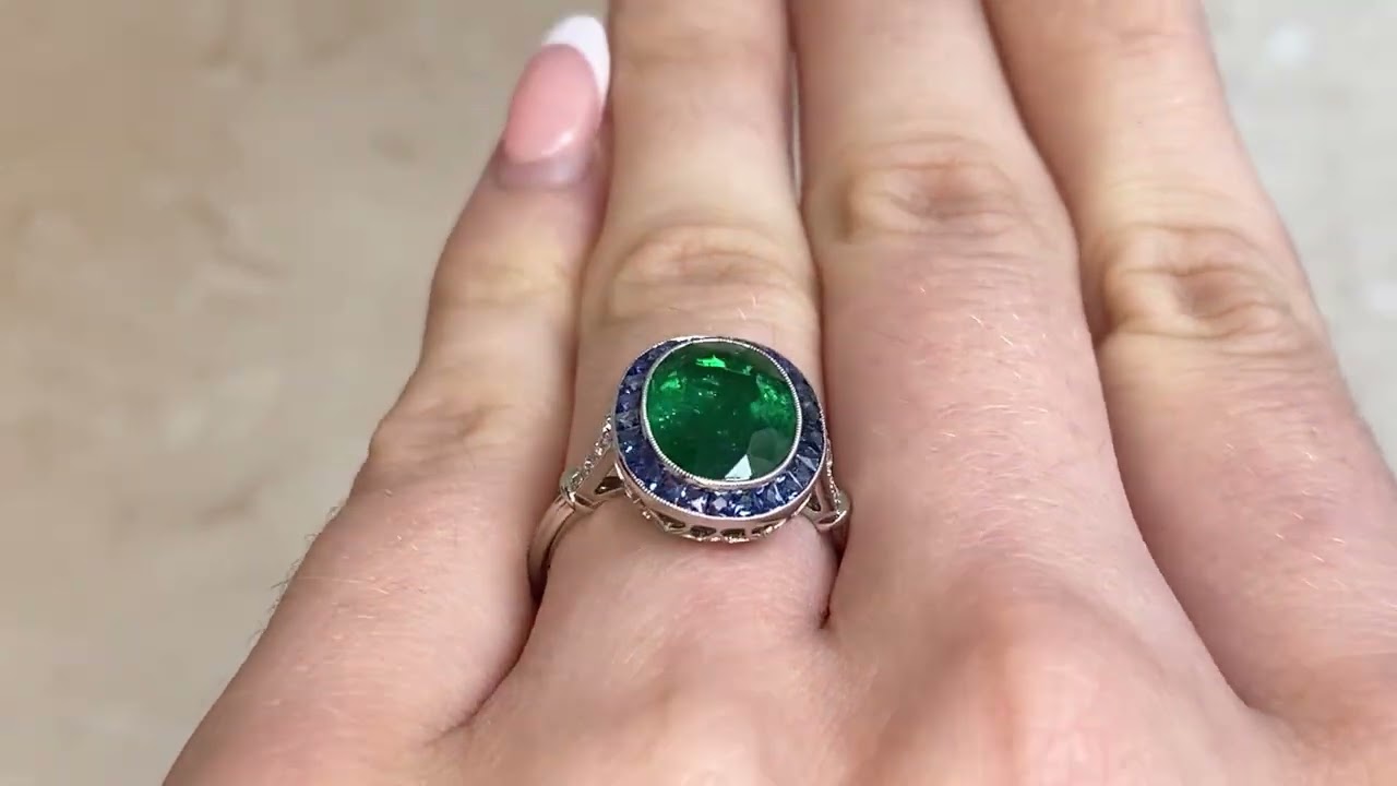 3.28ct Oval Cut Emerald and Sapphire Halo Oswego Ring
