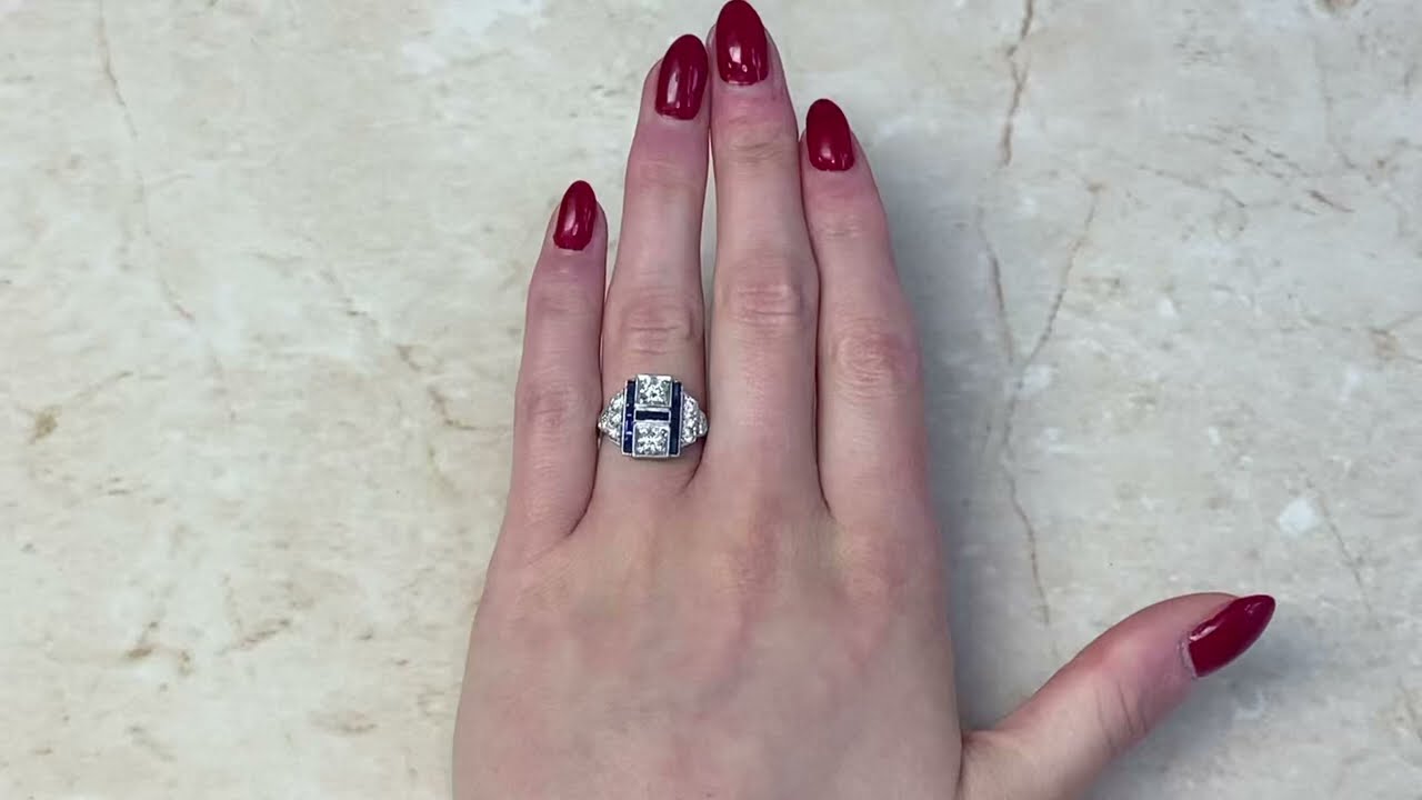 Geometric Motif Diamond & Natural Sapphire Platinum Ring - Huron Ring - Hand Video