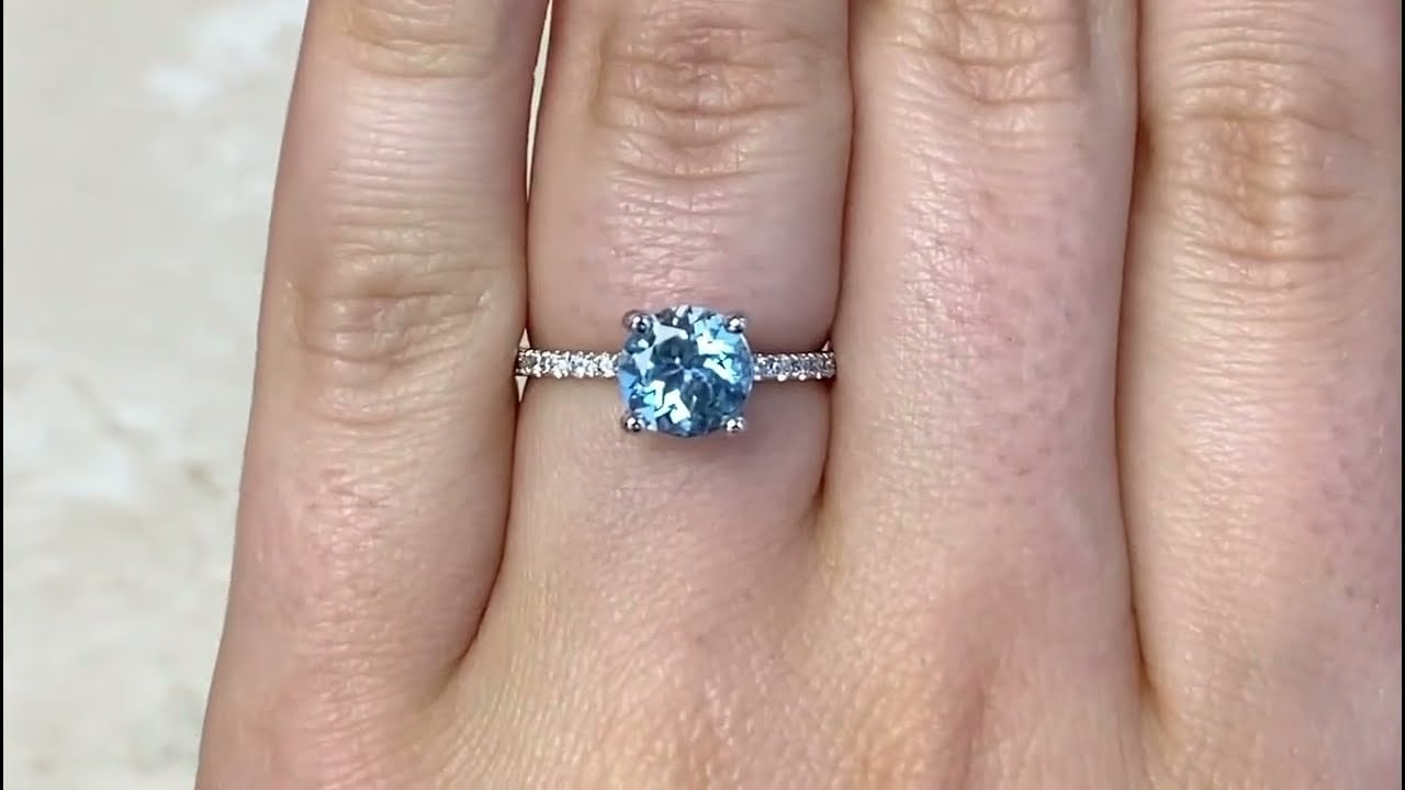 1.18ct Center Round Cut Aquamarine and Round Cut Diamond Shoulder Ring - Anaheim Ring - Hand Video