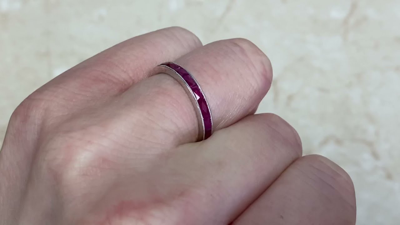 14k White Gold French Baguette Cut Ruby Half Eternity Band - Audra Band - Hand Video