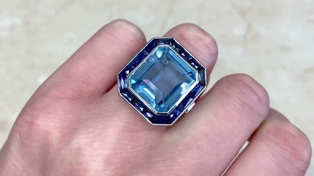 Natural 12.46 Carat Aquamarine & Sapphire Bezel Set Halo Ring - Luray Ring- Hand Video