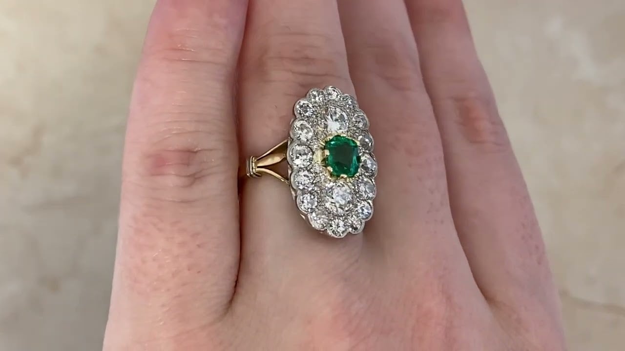 0.65ct Emerald with Elongated Diamond Cluster Halldale Ring - hand video