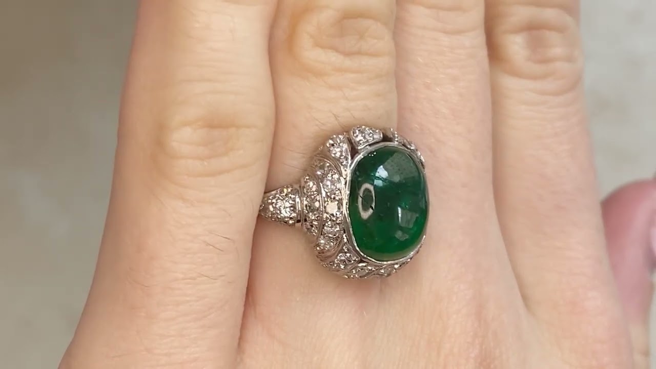Edwardian Cabochon Emerald and Diamond Sycamore Ring, Circa 1900