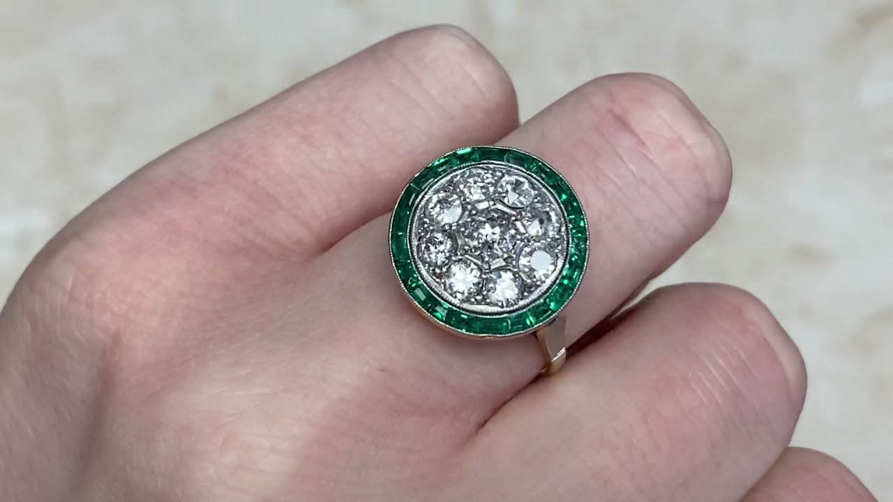 Edwardian Era Old European Cut Diamond Cluster and Emerald Halo Ring - Deptford Ring - Hand Video