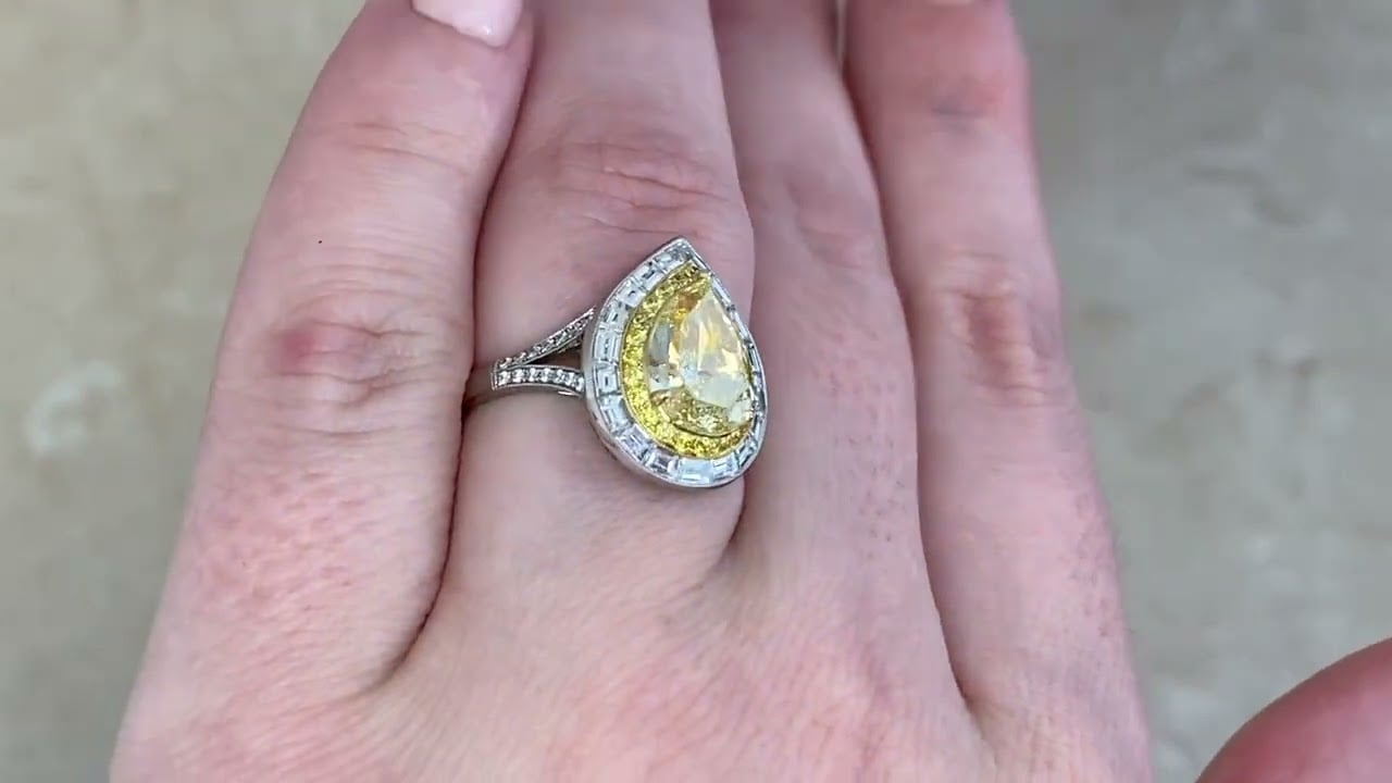 GIA-Certified 2.75ct Pear-Shaped Natural Yellow Diamond With Diamond Halo Zamara Ring - hand video