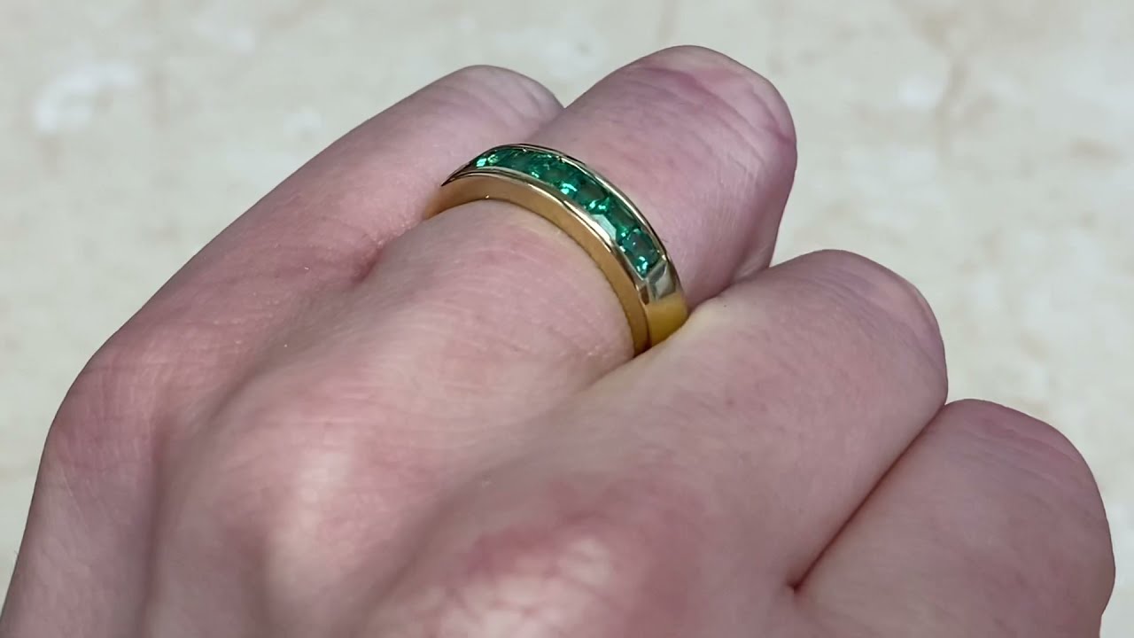 4.20mm 0.81ct Calibre Cut Emerald and 14k Yellow Gold Eternity Band - Glendale Band - Hand Video