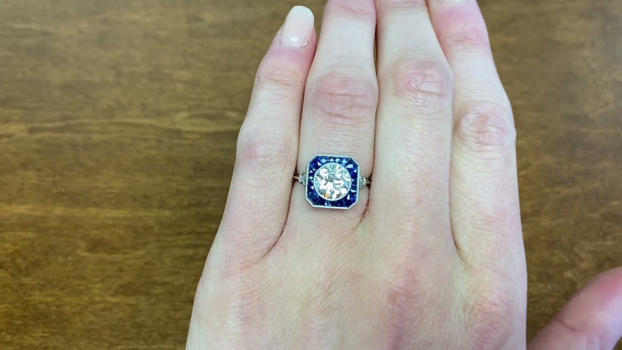 1.42ct Old European Cut Diamond and Sapphire Halo Ring - Brisbane Ring - Hand Video