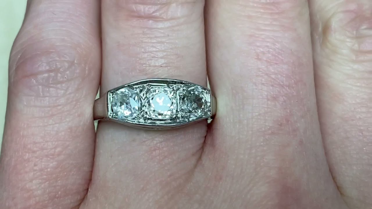 Edwardian Era Three Stone Diamond 18k White Gold Engagement Ring - Torrington Ring - Hand Video