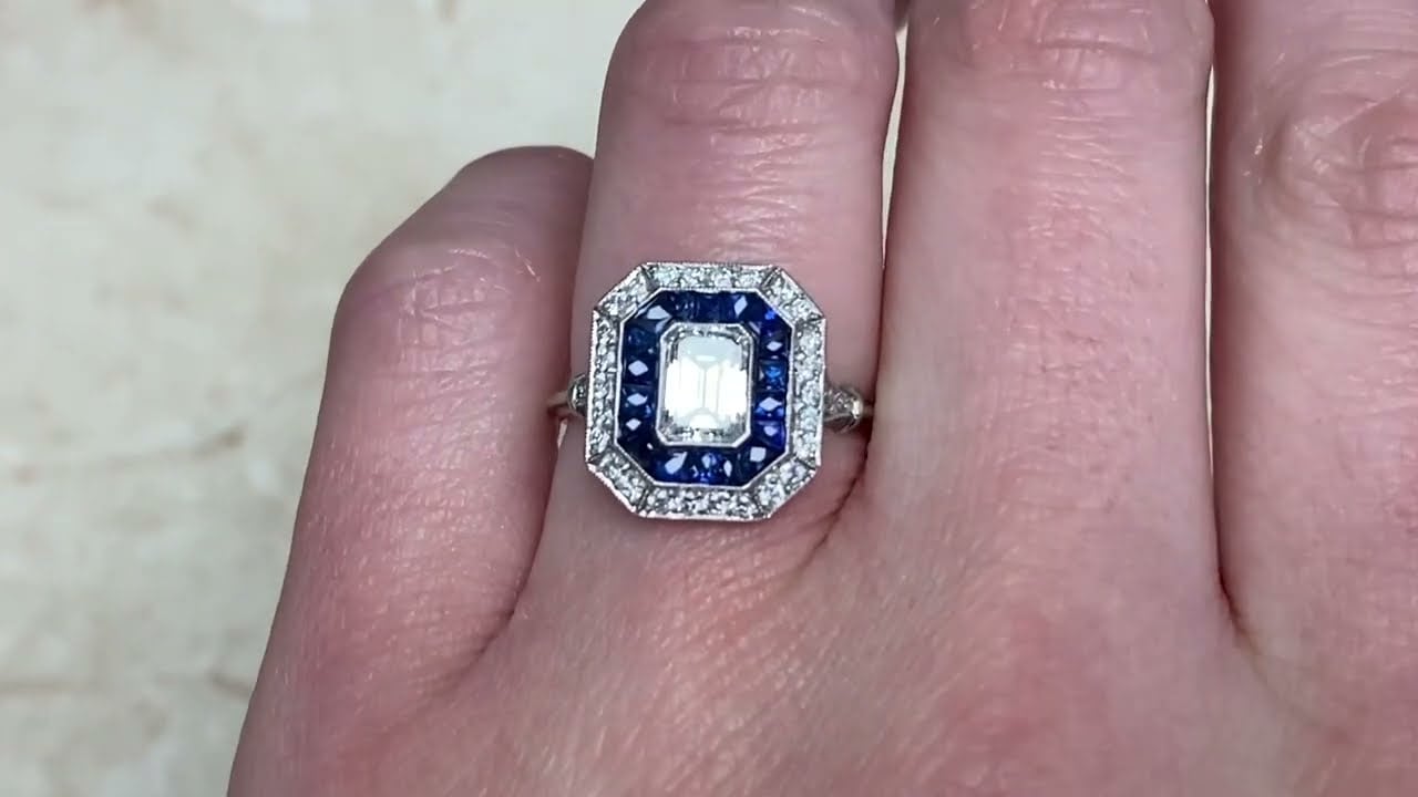 0.87ct Emerald Cut Diamond Sapphire & Diamond Double Halo Engagement Ring - Boston Ring - Hand Video