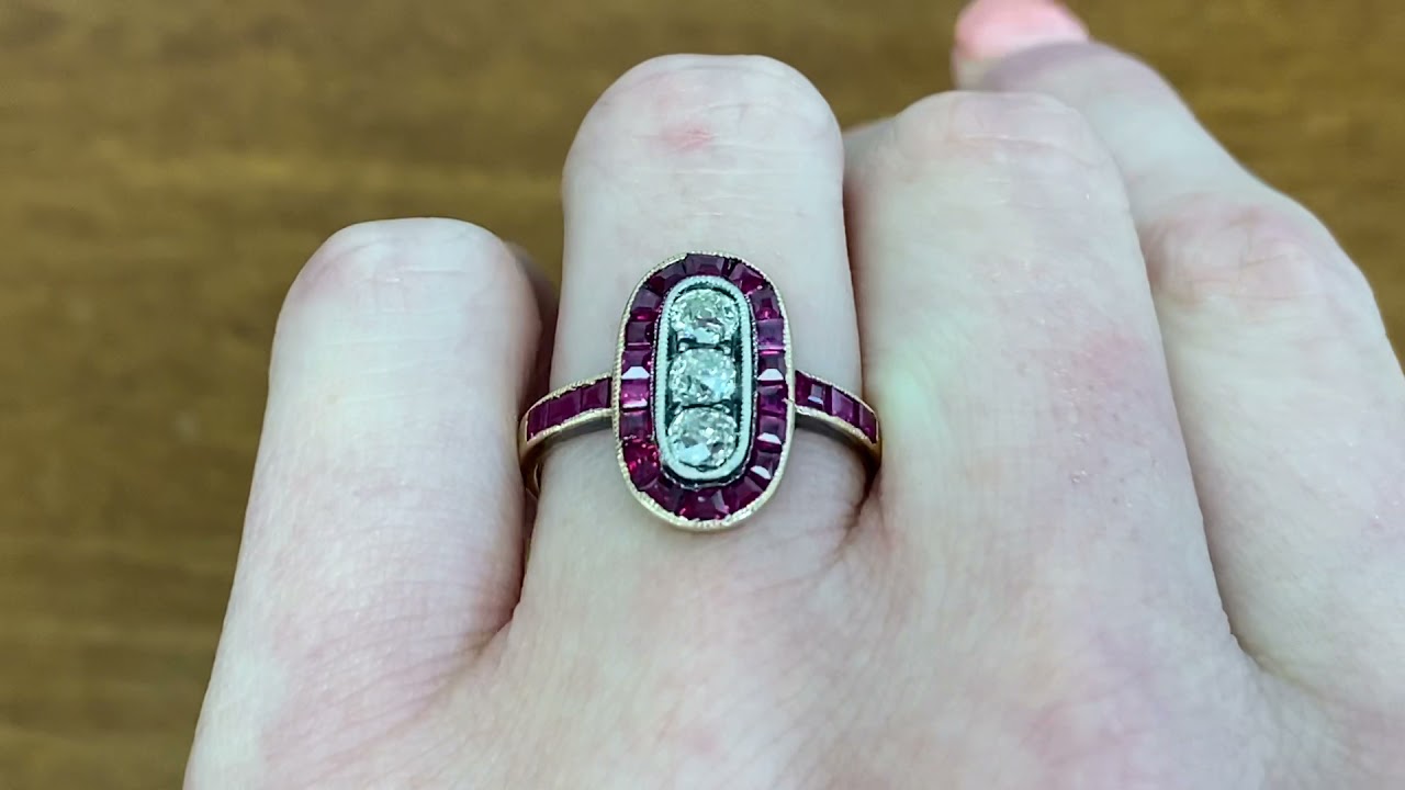 0.51ct Old Mine Cut Diamond and French-Cut Ruby Edwardian Era Ring - Watson Ring - Hand Video