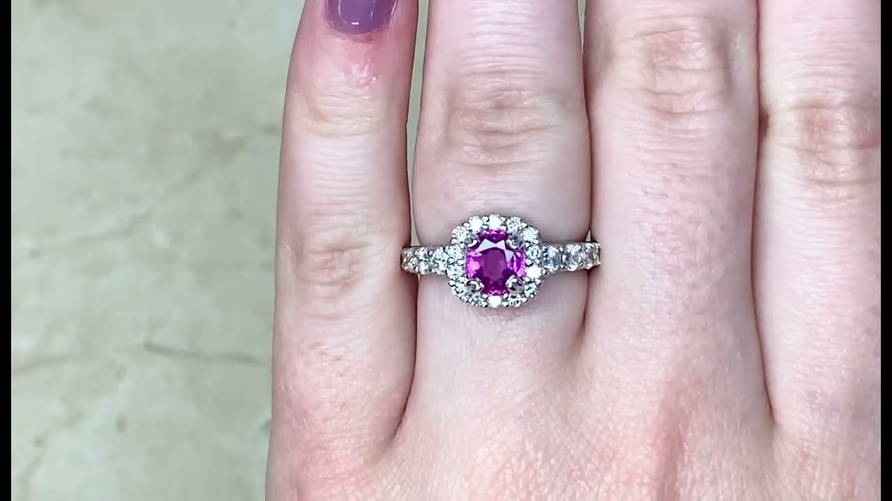 1.11ct Center Cushion Cut Pink Sapphire and Diamond Halo Ring - Winthrop Ring - Hand Video