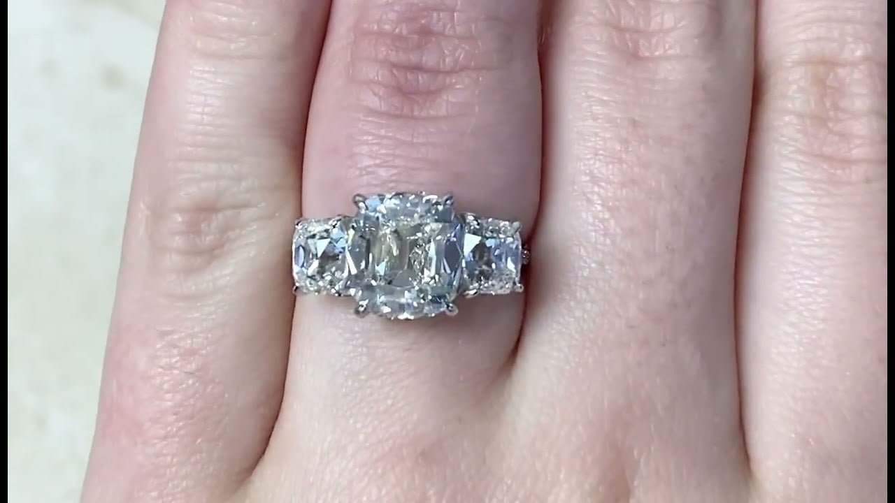 A GIA certified Ring Featuring a 3.53ct Antique Cushion Cut Diamond Ring - Marbury Ring - Hand Video