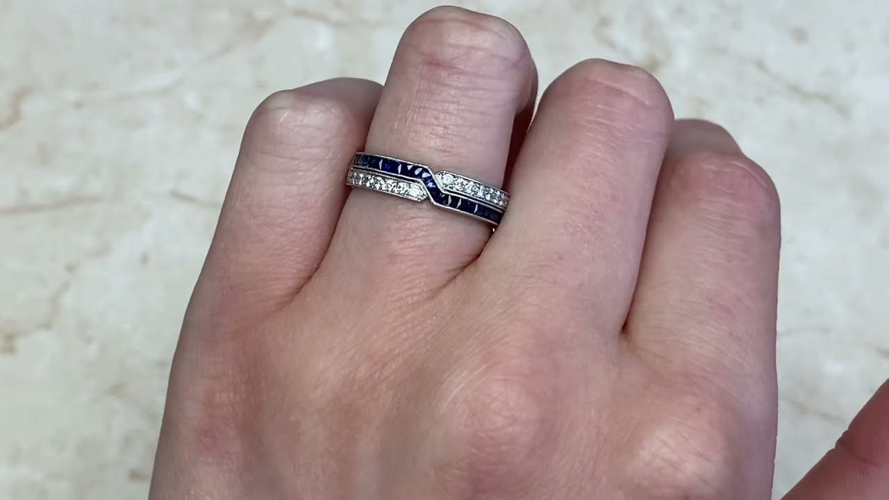 Platinum Round Cut Diamond and Calibre Sapphire Wedding Band - Ithaca Band - Hand Video