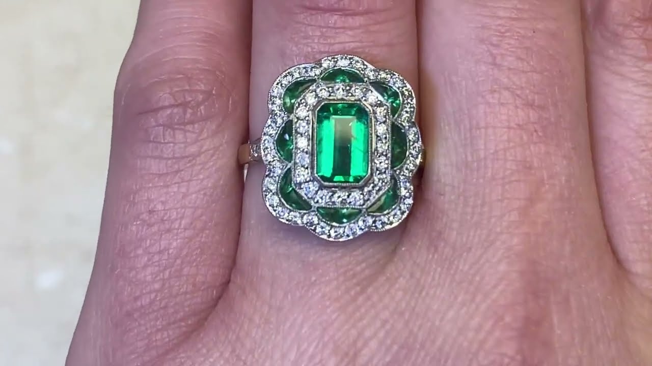 Floral Motif 0.75ct Natural Emerald Gemstone and Diamond Ring - Loughton Ring - Hand Video