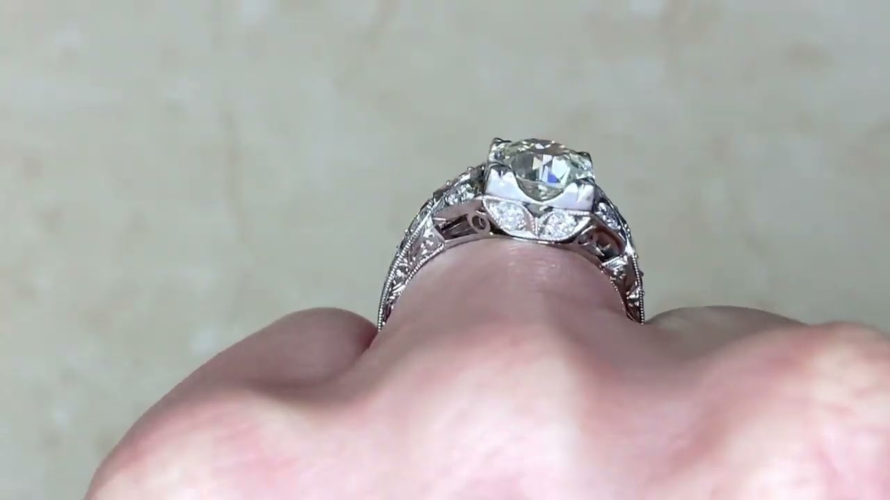 1.93ct Center Old European Cut Diamond Bow & Leaf Motif Engagement Ring - Narbonne Ring - Hand Video
