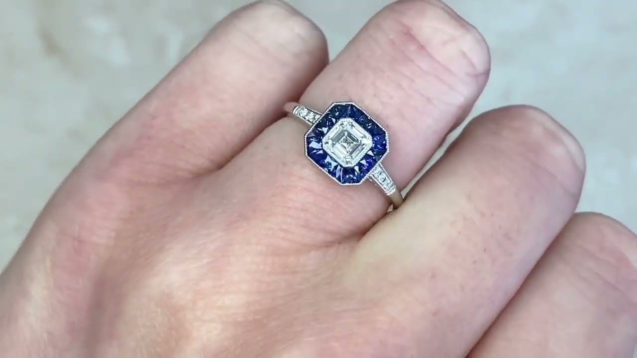 0.50ct Asscher Cut Diamond & Sapphire Geometric Halo Engagement Ring - Fleetwood Ring - Hand Video