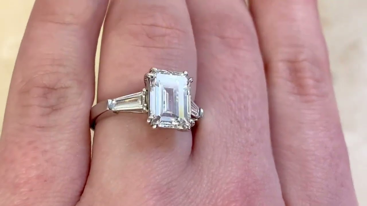 GIA 3.07ct Emerald-Cut Diamond with Baguette Accents Vintage Ring - Wicklow Ring - Hand Video