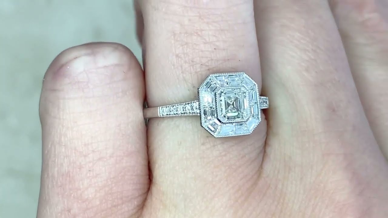 Asscher Cut Diamond & Baguette Cut Geometric Halo Engagement Ring - Starrett Ring - Hand Video