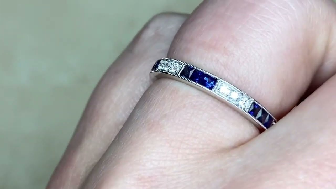 Round Brilliant Cut Diamond and French Cut Sapphire Half Eternity Band - Cowen Band - Hand Video