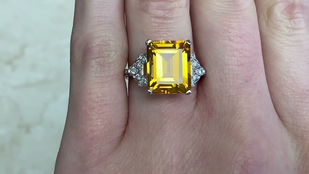 5.30CT Emerald-Cut Citrine Ring With Round Brilliant Diamonds - Talbott Ring - Hand Video