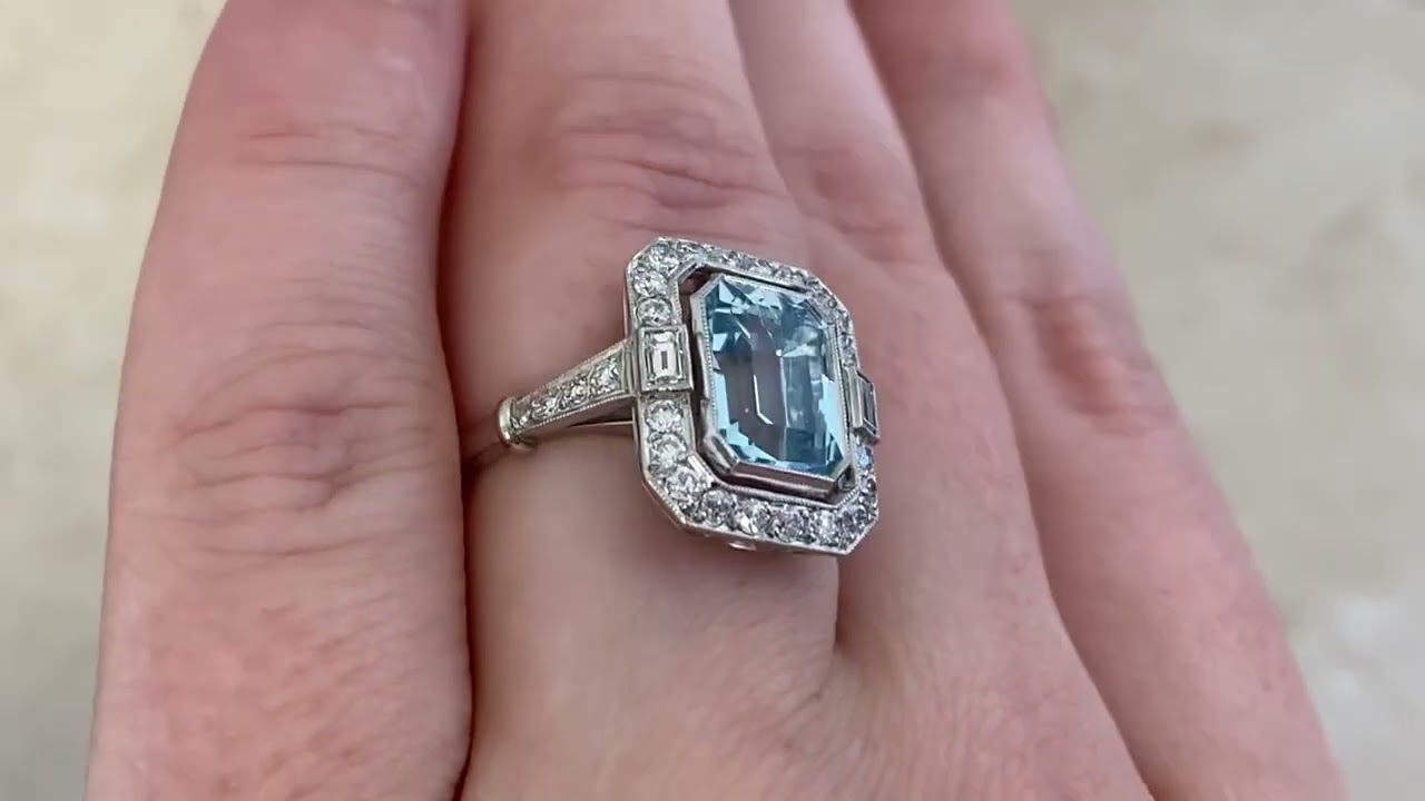 2.43ct Emerald-Cut Aquamarine with Diamond Halo Argenta Ring - hand video -