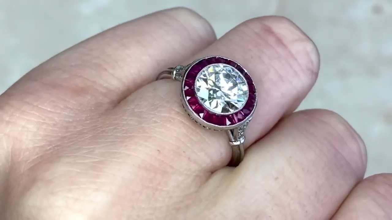 1.59ct Diamond & Natural French Cut Ruby Halo Platinum Engagement Ring - Plano Ring - Hand Video