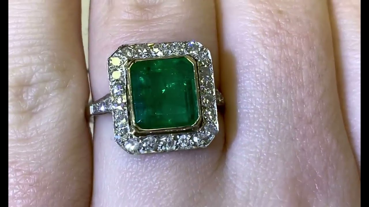 Art Deco Era 2.62ct Center Colombian Emerald and Diamond Halo Ring - Sacramento Ring - Hand Video