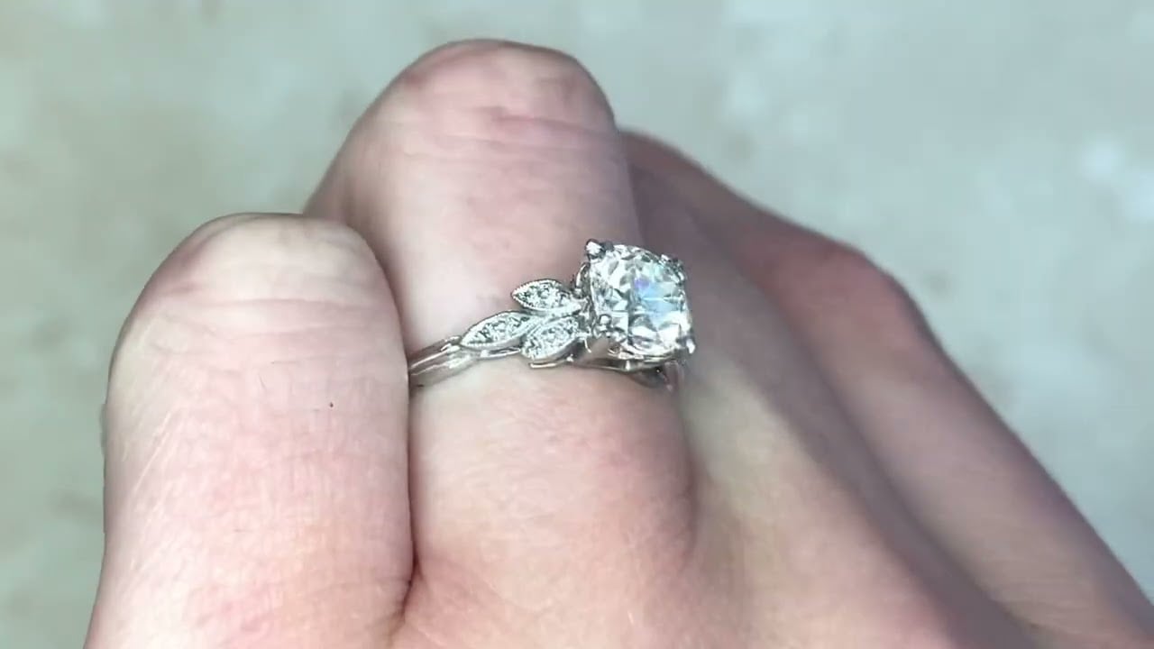 Old European Cut Diamond and Leaf Motif Platinum Ring - Cairns Ring - Hand Video