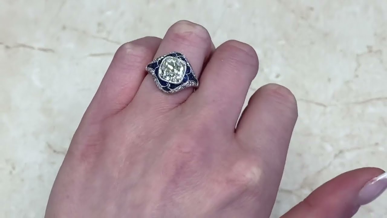 Antique Cushion Cut 3.38ct Diamond & Sapphire Geometric Engagement Ring - Hand Video - Tournus Ring