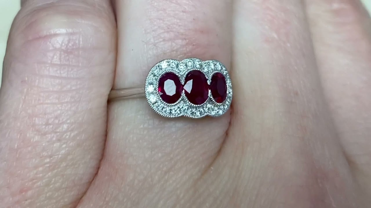 0.75ct Three Stone Ruby and Diamond East-West Ring - Adelaide Ring - Hand Video
