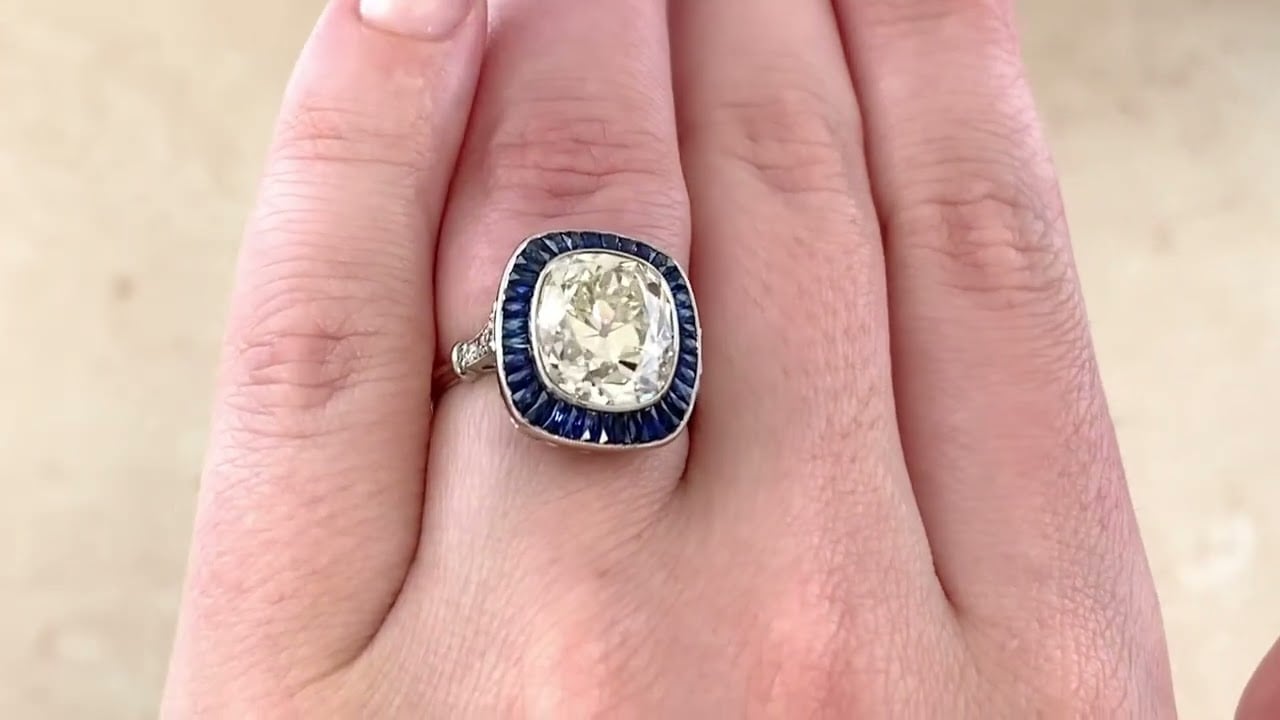 5.24ct Antique Cushion Cut Diamond and Sapphire Halo Arkana Ring - hand video