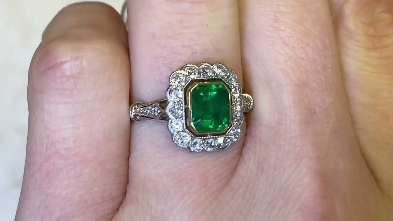 1.15ct Center Emerald Cut Emerald and Diamond Cluster Ring - Riverdale Ring - Hand Video