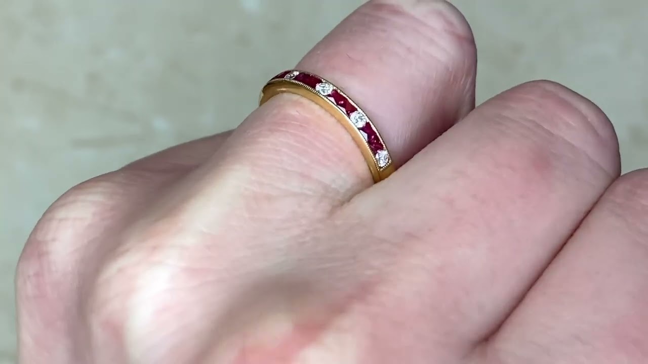 Alternating Ruby & Diamond Half Eternity 18k Yellow Gold Band - Muliner Band. 2.5mm - Hand Video