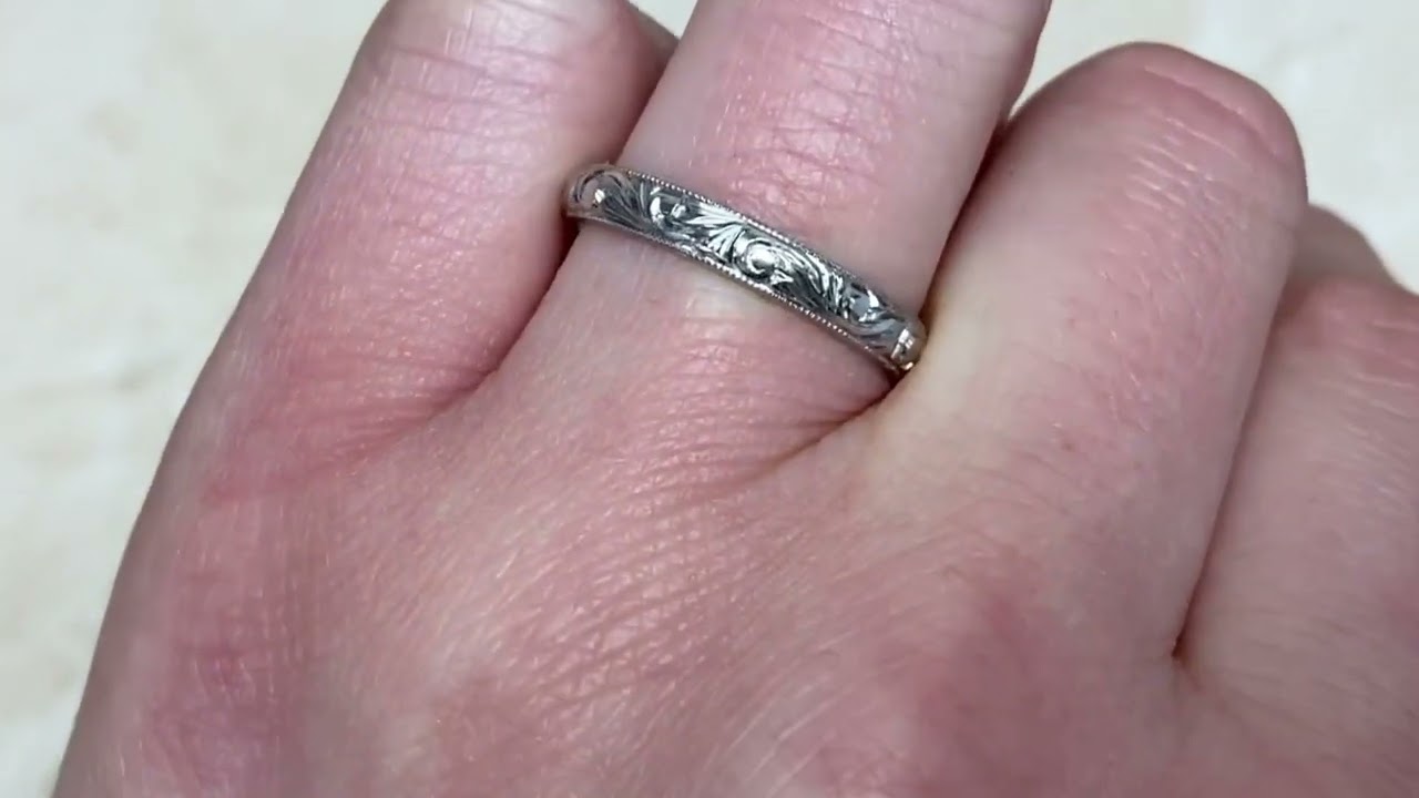 3mm Platinum Scroll Motif Wedding Band - Rosemont Band - Hand Video