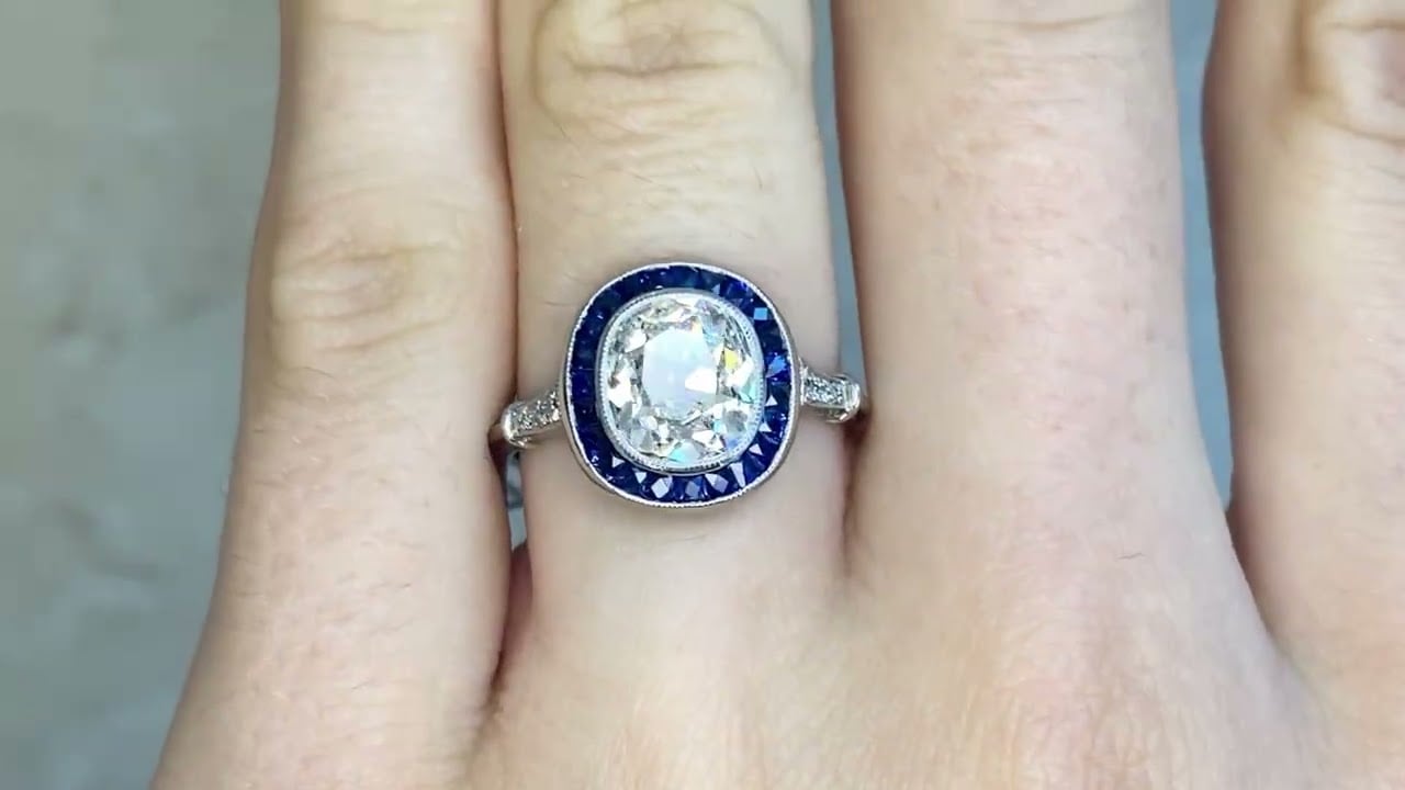GIA 2.01ct Antique Cushion Cut Diamond and Sapphire Halo Mosley Ring