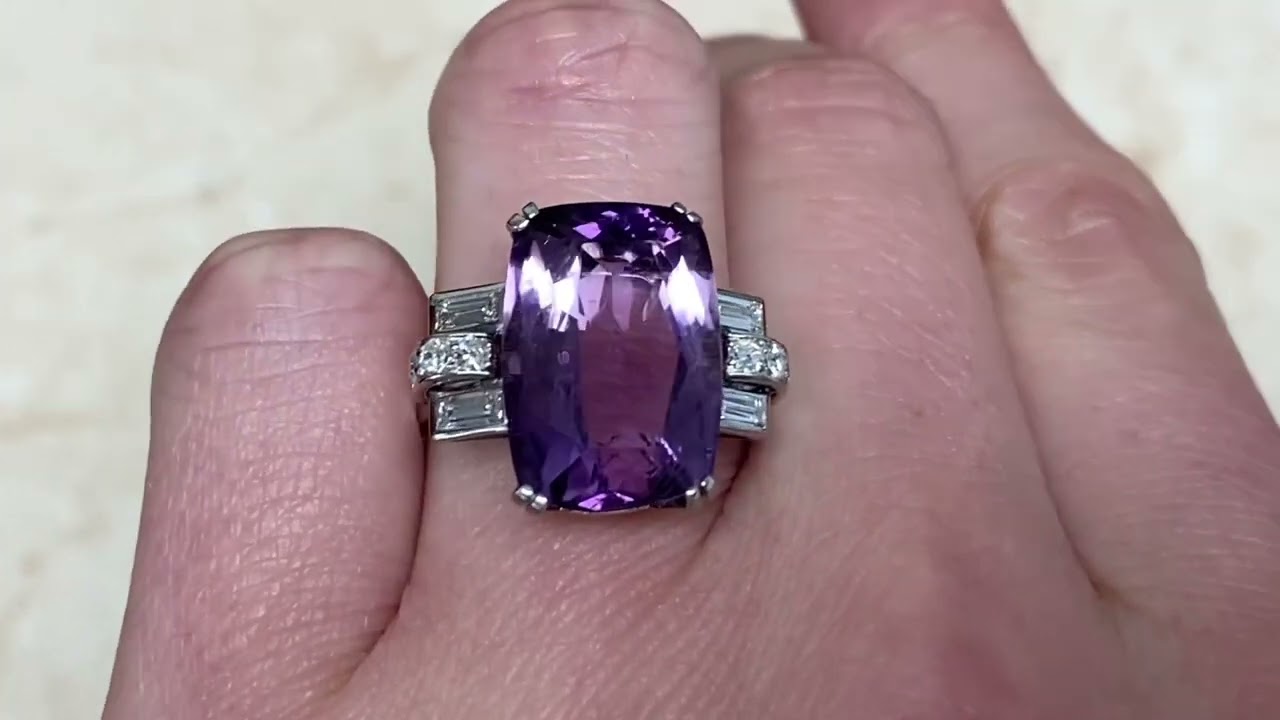7.06ct Elongated Cushion Cut Amethyst & Diamond Cocktail Ring Circa 1945 -Uxbridge Ring - Hand Video