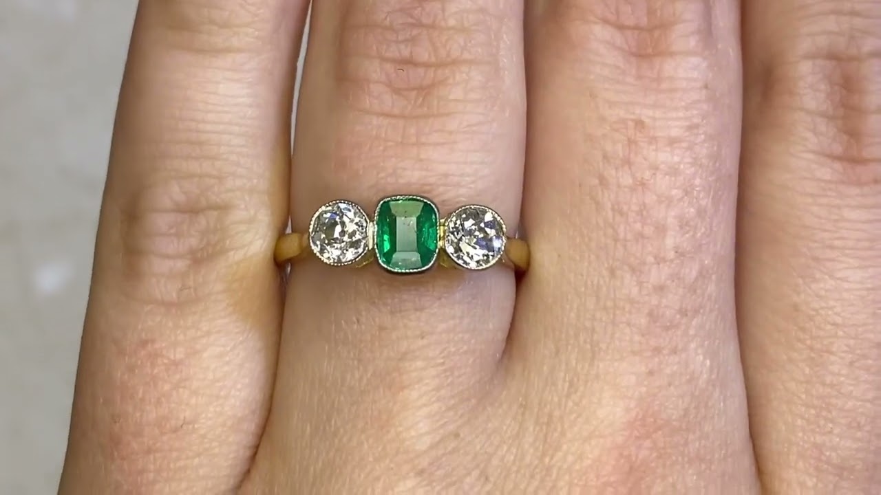 0.70 carat Natural Cushion Cut Bezel Set Emerald Three-Stone Ring - Lakeside Ring - Hand Video
